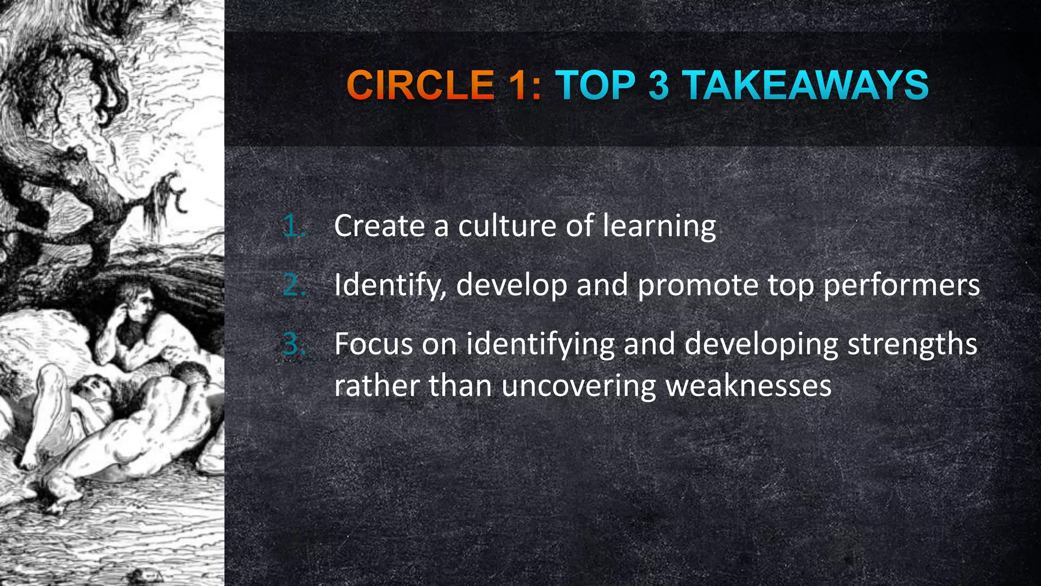 1. Create a culture of learning

2. Identify, develop and promote top performers
3. Focus on identifying and developing strengths
rather than uncovering weaknesses

 