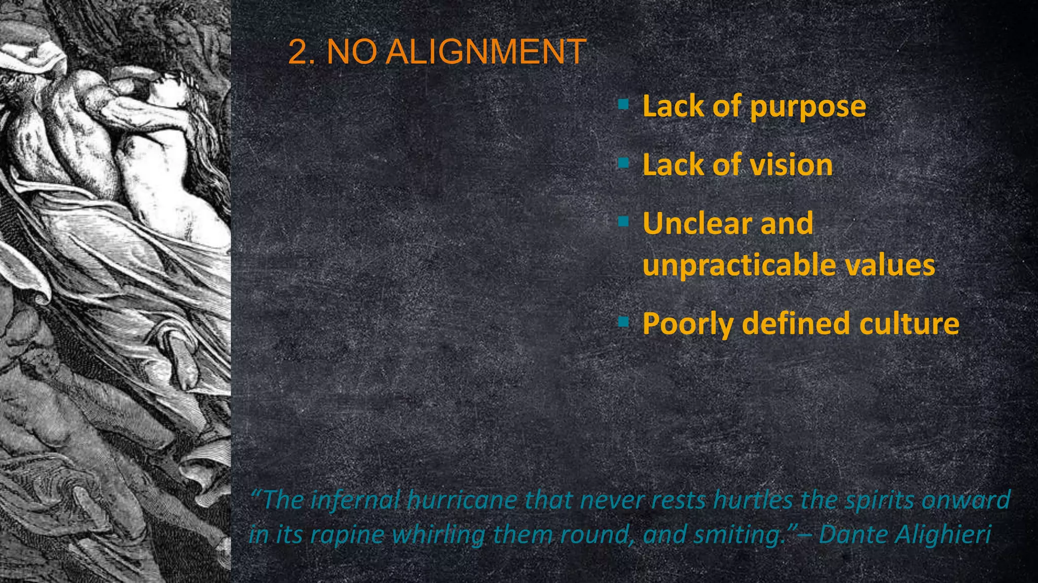 2. NO ALIGNMENT
 Lack of purpose
 Lack of vision
 Unclear and
unpracticable values
 Poorly defined culture

“The infernal hurricane that never rests hurtles the spirits onward
in its rapine whirling them round, and smiting.”– Dante Alighieri

 