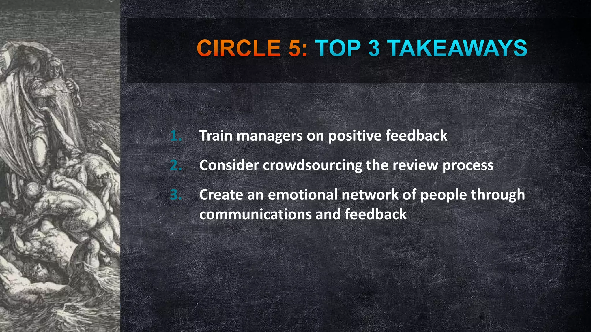 1.

Train managers on positive feedback

2.

Consider crowdsourcing the review process

3.

Create an emotional network of people through
communications and feedback

 