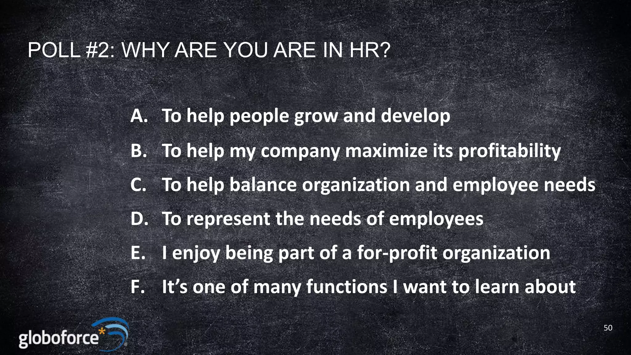 POLL #2: WHY ARE YOU ARE IN HR?

A. To help people grow and develop
B. To help my company maximize its profitability
C. To help balance organization and employee needs
D. To represent the needs of employees
E. I enjoy being part of a for-profit organization
F. It’s one of many functions I want to learn about
50

 