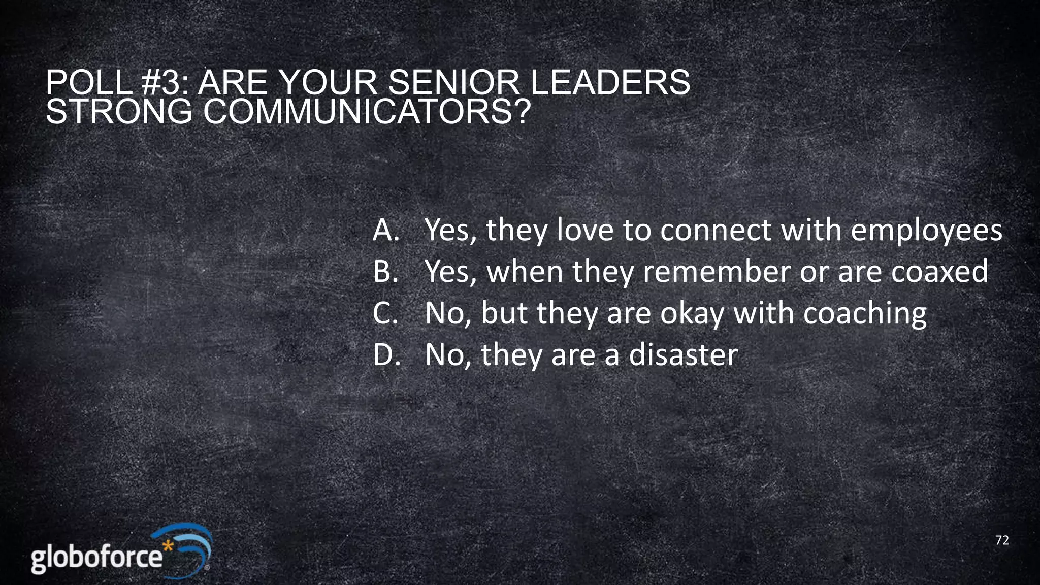 POLL #3: ARE YOUR SENIOR LEADERS
STRONG COMMUNICATORS?

A.
B.
C.
D.

Yes, they love to connect with employees
Yes, when they remember or are coaxed
No, but they are okay with coaching
No, they are a disaster

72

 