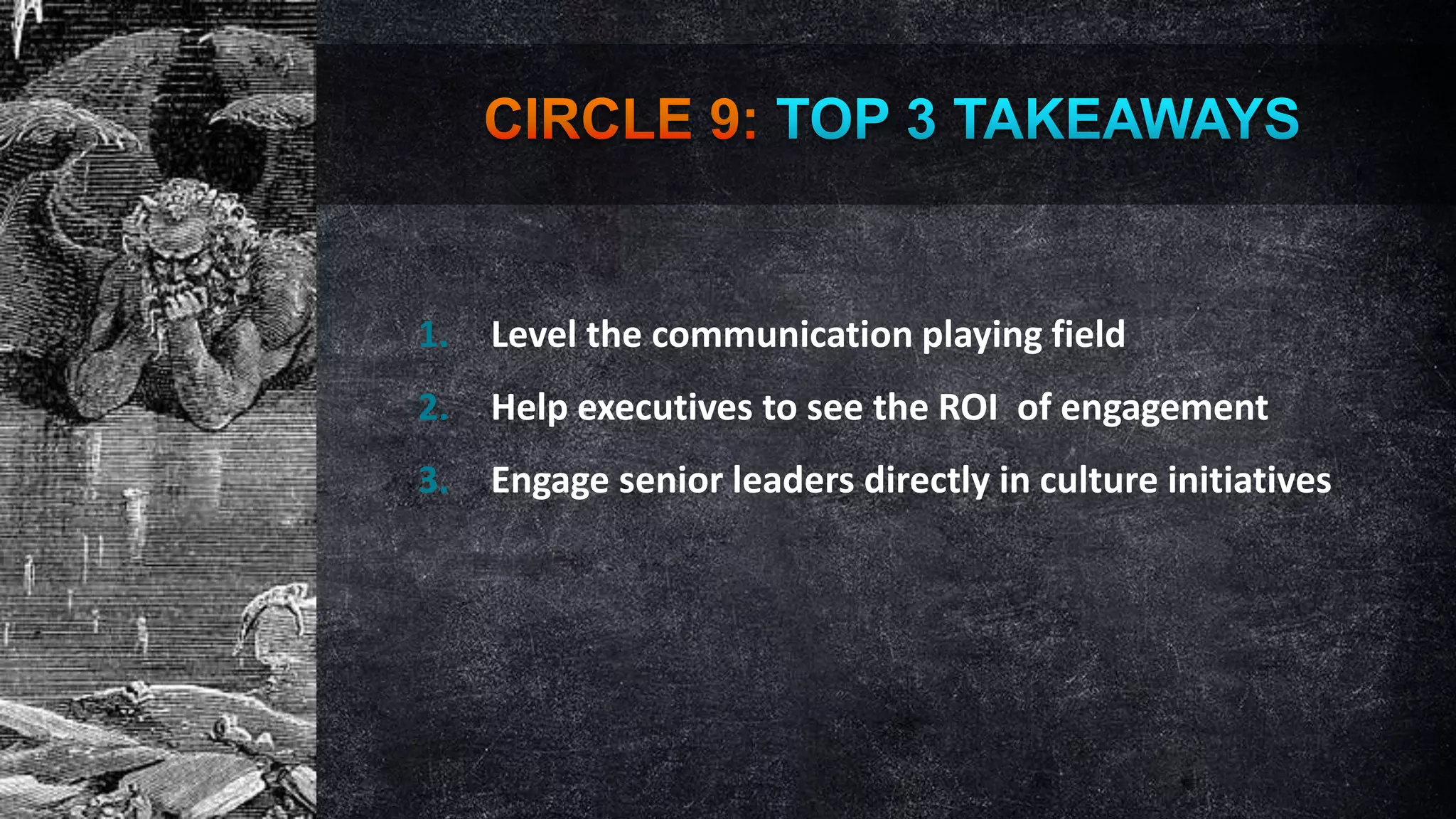 1.

Level the communication playing field

2.

Help executives to see the ROI of engagement

3.

Engage senior leaders directly in culture initiatives

 