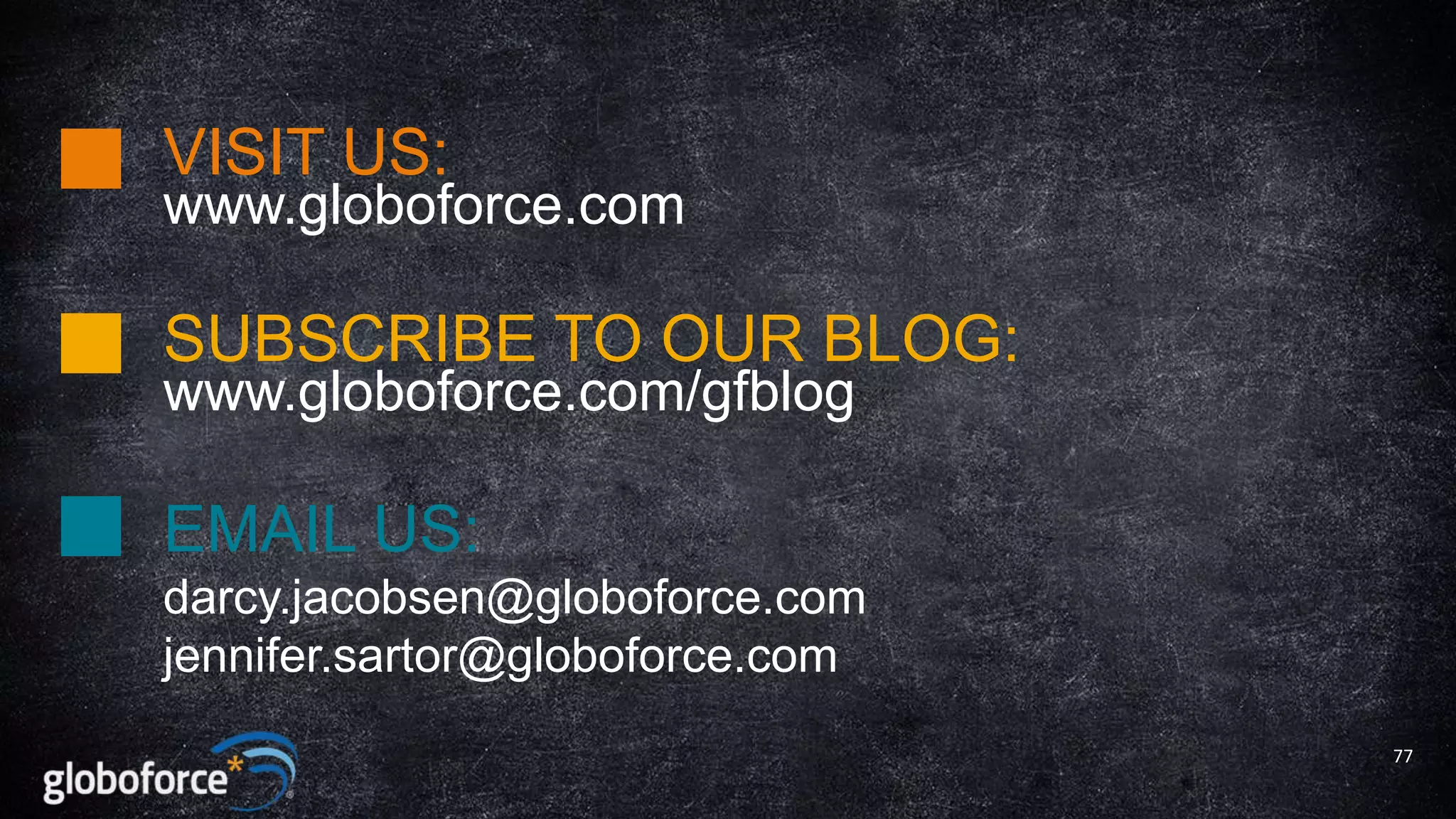 VISIT US:

www.globoforce.com

SUBSCRIBE TO OUR BLOG:
www.globoforce.com/gfblog

EMAIL US:
darcy.jacobsen@globoforce.com
jennifer.sartor@globoforce.com
77

 