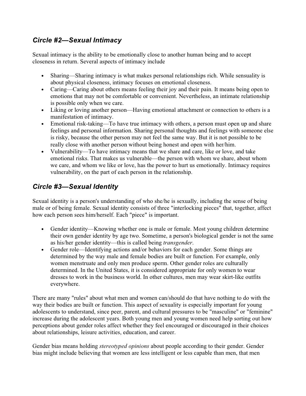 Circles Of Sexuality Lesson Hs