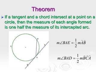 Theorem
 If a tangent and a chord intersect at a point on a
circle, then the measure of each angle formed
is one half the measure of its intercepted arc.
B
A
m
BAE
m


2
1


A
C
B
m
BAD
m



2
1


 