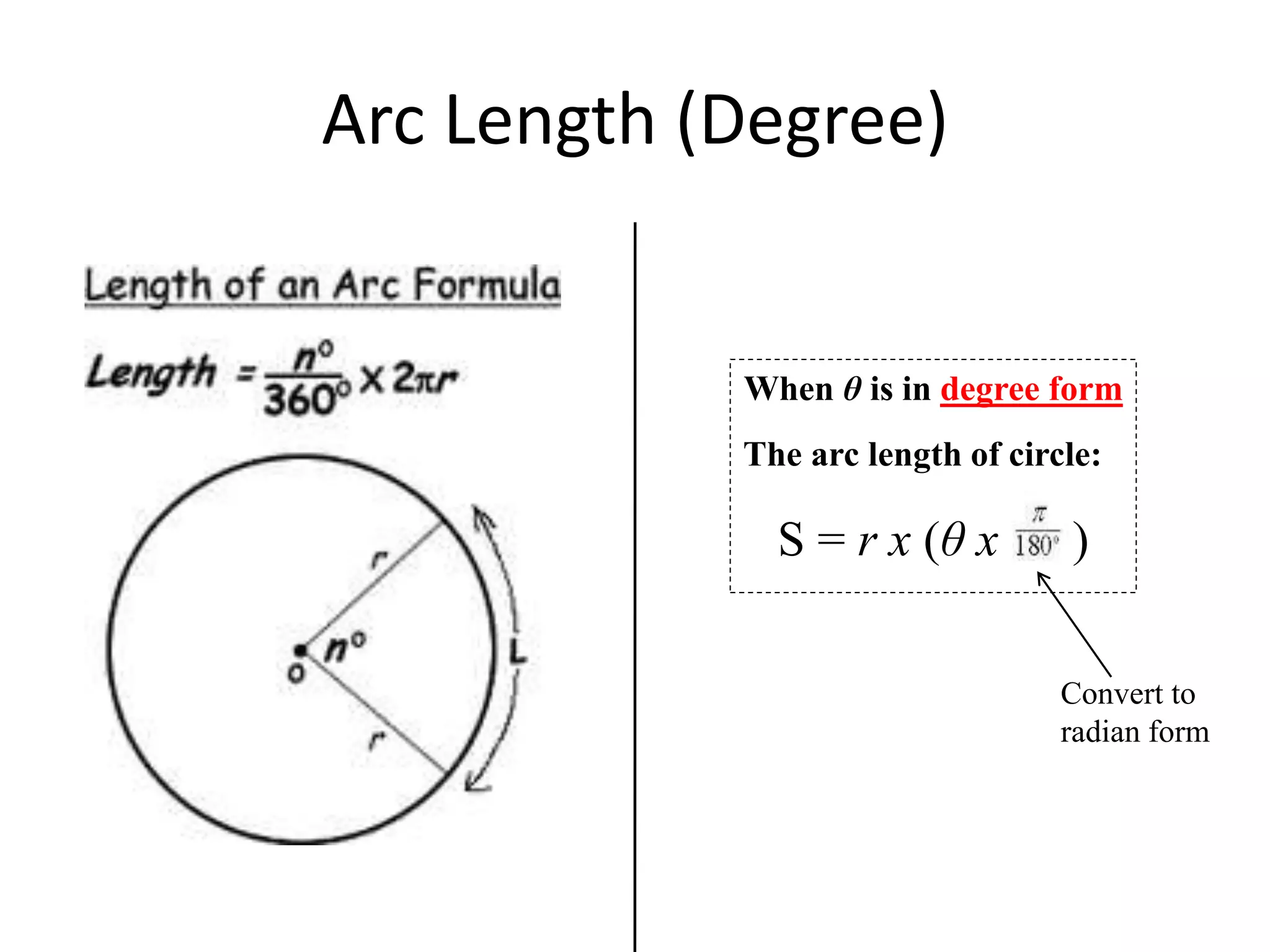 Arc Length (Degree)
When θ is in degree form
The arc length of circle:
S = r x (θ x )
Convert to
radian form
 