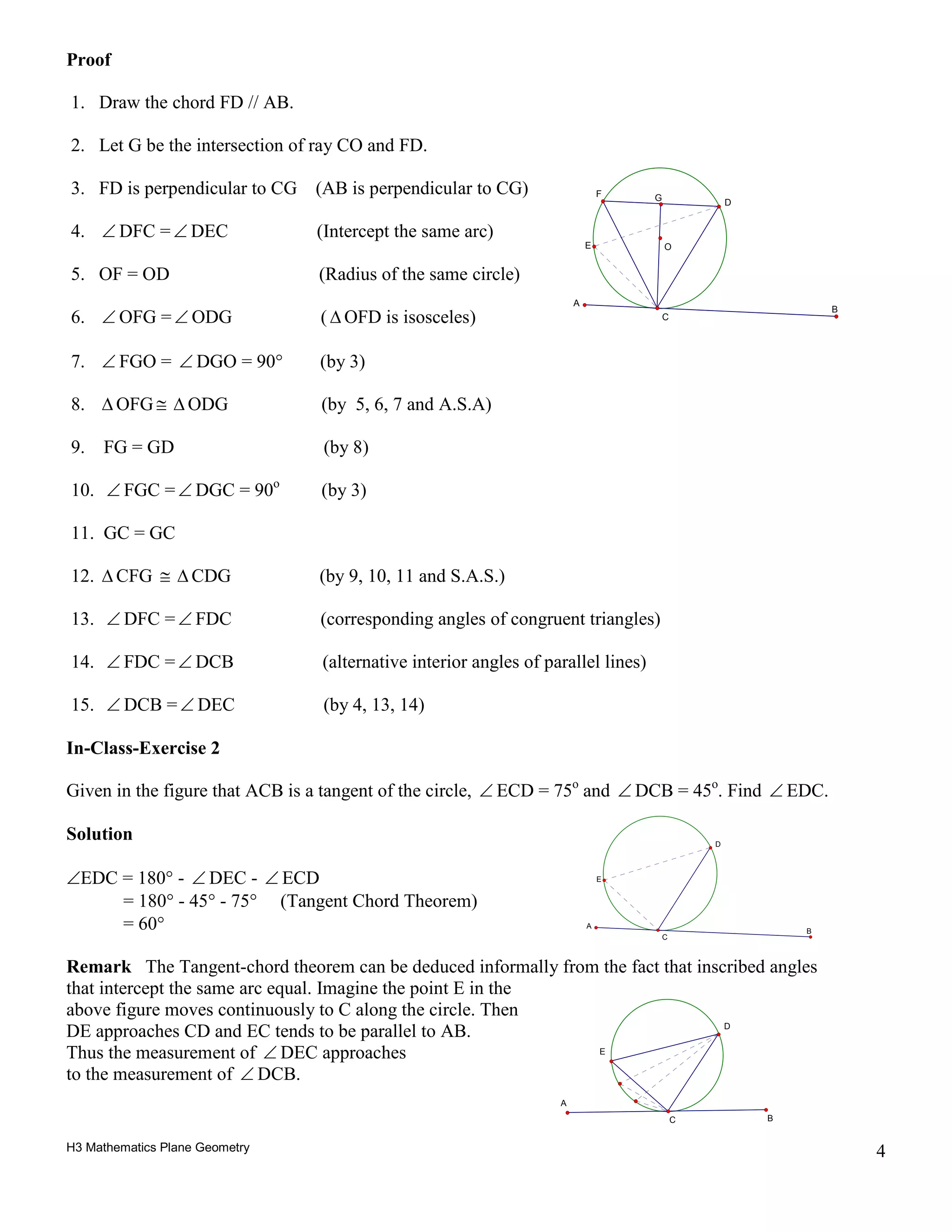 H3 Mathematics Plane Geometry 4
Proof
1. Draw the chord FD // AB.
2. Let G be the intersection of ray CO and FD.
3. FD is perpendicular to CG (AB is perpendicular to CG)
4. ∠ DFC =∠ DEC (Intercept the same arc)
5. OF = OD (Radius of the same circle)
6. ∠ OFG =∠ ODG ( ∆ OFD is isosceles)
7. ∠ FGO = ∠ DGO = 90° (by 3)
8. ∆ OFG ≅ ∆ ODG (by 5, 6, 7 and A.S.A)
9. FG = GD (by 8)
10. ∠ FGC =∠ DGC = 90o
(by 3)
11. GC = GC
12. ∆ CFG ≅ ∆ CDG (by 9, 10, 11 and S.A.S.)
13. ∠ DFC =∠ FDC (corresponding angles of congruent triangles)
14. ∠ FDC =∠ DCB (alternative interior angles of parallel lines)
15. ∠ DCB =∠ DEC (by 4, 13, 14)
In-Class-Exercise 2
Given in the figure that ACB is a tangent of the circle, ∠ ECD = 75o
and ∠ DCB = 45o
. Find ∠ EDC.
Solution
∠EDC = 180° - ∠ DEC - ∠ ECD
= 180° - 45° - 75° (Tangent Chord Theorem)
= 60°
Remark The Tangent-chord theorem can be deduced informally from the fact that inscribed angles
that intercept the same arc equal. Imagine the point E in the
above figure moves continuously to C along the circle. Then
DE approaches CD and EC tends to be parallel to AB.
Thus the measurement of ∠ DEC approaches
to the measurement of ∠ DCB.
F
O
C
A
B
D
E
G
C
A
B
D
E
C
B
A
E
D
 