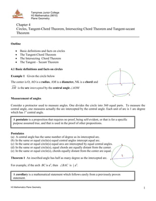 H3 Mathematics Plane Geometry 1
Chapter 4
Circles, Tangent-Chord Theorem, Intersecting Chord Theorem and Tangent-secant
Theorem
Outline
• Basic definitions and facts on circles
• The Tangent-Chord Theorem
• The Intersecting Chord Theorem
• The Tangent – Secant Theorem
4.1 Basic definitions and facts on circles
Example 1 Given the circle below
The center is O, AO is a radius, AM is a diameter, NK is a chord and
AM is the arc intercepted by the central angle AOM∠
Measurement of angles
Consider a protractor used to measure angles. One divides the circle into 360 equal parts. To measure the
central angle, one measures actually the arc intercepted by the central angle. Each unit of arc is 1 arc degree
which has 1o
central angle.
Postulates
(a) A central angle has the same number of degree as its intercepted arc.
(b) In the same or equal circle(s) equal central angles intercept equal arc.
(c) In the same or equal circle(s) equal arcs are intercepted by equal central angles.
(d) In the same or equal circle(s), equal chords are equally distant from the center.
(e) In the same or equal circle(s), chords equally distant from the center are equal.
Theorem 1 An inscribed angle has half as many degree as the intercepted arc.
For example, if the arch BC is ao
, then BAC∠ is 2
1
ao
.
Tampines Junior College
H3 Mathematics (9810)
Plane Geometry
O
A
L M
N
K
O
B
A
C
A corollary is a mathematical statement which follows easily from a previously proven
statement.
A postulate is a proposition that requires no proof, being self-evident, or that is for a specific
purpose assumed true, and that is used in the proof of other propositions.
 