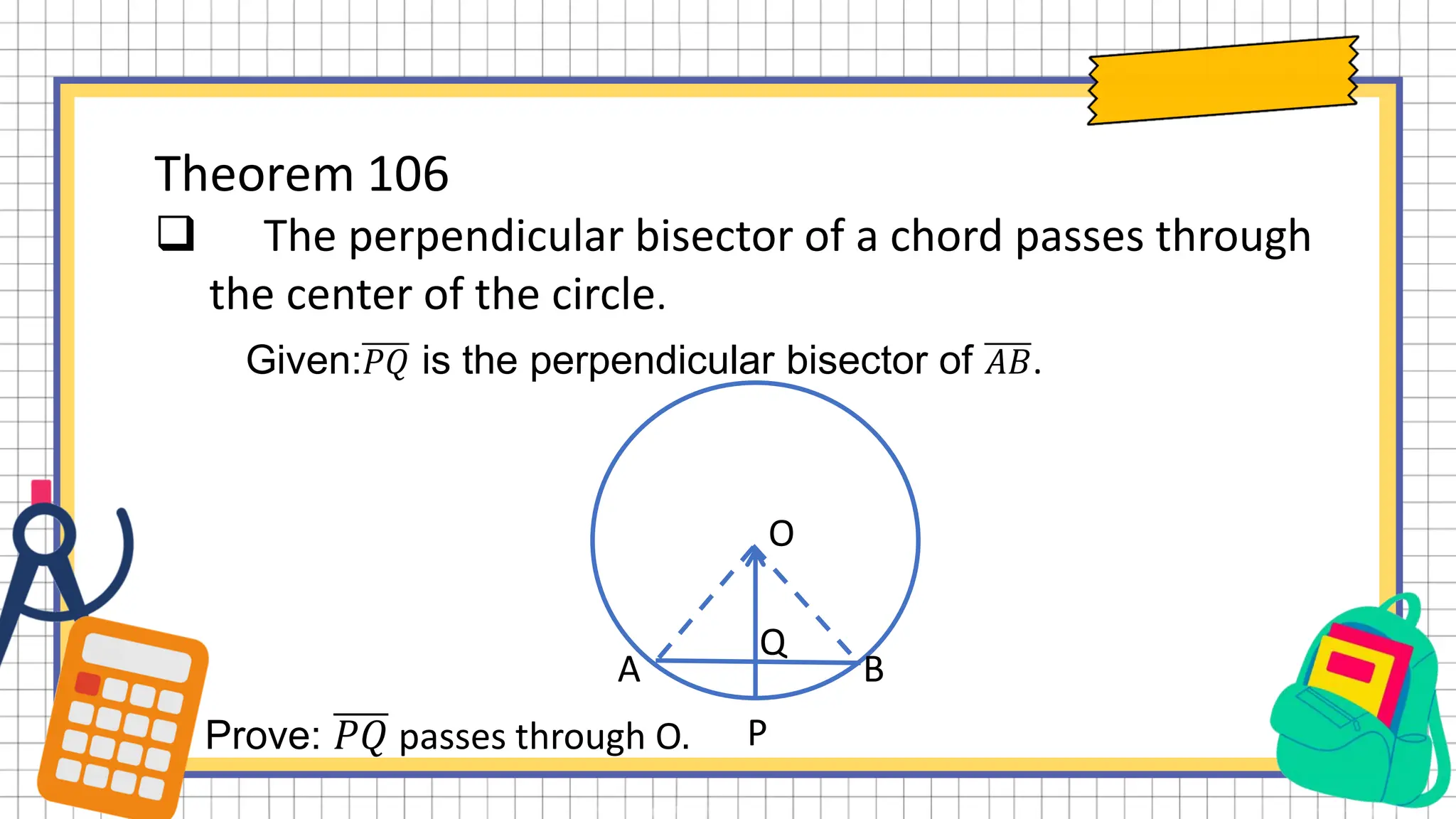 Theorem 106
 The perpendicular bisector of a chord passes through
the center of the circle.
Given:𝑃𝑄 is the perpendicular bisector of 𝐴𝐵.
O
A
Q
B
P
Prove: 𝑃𝑄 passes through O.
 