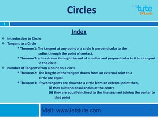 Circles 
Index 
Visit: www.letstute.com 1 
 Introduction to Circles 
 Tangent to a Circle 
* Theorem1: The tangent at any point of a circle is perpendicular to the 
radius through the point of contact. 
* Theorem2: A line drawn through the end of a radius and perpendicular to it is a tangent 
to the circle. 
 Number of Tangents from a point on a circle 
* Theorem2: The lengths of the tangent drawn from an external point to a 
circle are equal. 
* Theorem3: If two tangents are drawn to a circle from an external point then, 
(i) they subtend equal angles at the centre 
(ii) they are equally inclined to the line segment joining the center to 
that point 
1 
 