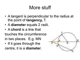 More stuff
• A tangent is perpendicular to the radius at
the point of tangency, T.
• A diameter equals 2 radii.
• A chord is a line that
touches the circumference
in two places. E.g. MN
• If it goes through the
centre, it is a diameter.
 