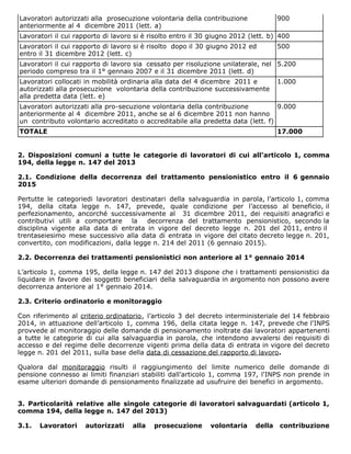 Lavoratori autorizzati alla prosecuzione volontaria della contribuzione
anteriormente al 4 dicembre 2011 (lett. a)
900
Lavoratori il cui rapporto di lavoro si è risolto entro il 30 giugno 2012 (lett. b) 400
Lavoratori il cui rapporto di lavoro si è risolto dopo il 30 giugno 2012 ed
entro il 31 dicembre 2012 (lett. c)
500
Lavoratori il cui rapporto di lavoro sia cessato per risoluzione unilaterale, nel
periodo compreso tra il 1° gennaio 2007 e il 31 dicembre 2011 (lett. d)
5.200
Lavoratori collocati in mobilità ordinaria alla data del 4 dicembre 2011 e
autorizzati alla prosecuzione volontaria della contribuzione successivamente
alla predetta data (lett. e)
1.000
Lavoratori autorizzati alla pro-secuzione volontaria della contribuzione
anteriormente al 4 dicembre 2011, anche se al 6 dicembre 2011 non hanno
un contributo volontario accreditato o accreditabile alla predetta data (lett. f)
9.000
TOTALE 17.000
2. Disposizioni comuni a tutte le categorie di lavoratori di cui all’articolo 1, comma
194, della legge n. 147 del 2013
2.1. Condizione della decorrenza del trattamento pensionistico entro il 6 gennaio
2015
Pertutte le categoriedi lavoratori destinatari della salvaguardia in parola, l’articolo 1, comma
194, della citata legge n. 147, prevede, quale condizione per l’accesso al beneficio, il
perfezionamento, ancorché successivamente al 31 dicembre 2011, dei requisiti anagrafici e
contributivi utili a comportare la decorrenza del trattamento pensionistico, secondo la
disciplina vigente alla data di entrata in vigore del decreto legge n. 201 del 2011, entro il
trentaseiesimo mese successivo alla data di entrata in vigore del citato decreto legge n. 201,
convertito, con modificazioni, dalla legge n. 214 del 2011 (6 gennaio 2015).
2.2. Decorrenza dei trattamenti pensionistici non anteriore al 1° gennaio 2014
L’articolo 1, comma 195, della legge n. 147 del 2013 dispone che i trattamenti pensionistici da
liquidare in favore dei soggetti beneficiari della salvaguardia in argomento non possono avere
decorrenza anteriore al 1° gennaio 2014.
2.3. Criterio ordinatorio e monitoraggio
Con riferimento al criterio ordinatorio, l’articolo 3 del decreto interministeriale del 14 febbraio
2014, in attuazione dell’articolo 1, comma 196, della citata legge n. 147, prevede che l'INPS
provvede al monitoraggio delle domande di pensionamento inoltrate dai lavoratori appartenenti
a tutte le categorie di cui alla salvaguardia in parola, che intendono avvalersi dei requisiti di
accesso e del regime delle decorrenze vigenti prima della data di entrata in vigore del decreto
legge n. 201 del 2011, sulla base della data di cessazione del rapporto di lavoro.
Qualora dal monitoraggio risulti il raggiungimento del limite numerico delle domande di
pensione connesso ai limiti finanziari stabiliti dall’articolo 1, comma 197, l'INPS non prende in
esame ulteriori domande di pensionamento finalizzate ad usufruire dei benefici in argomento.
3. Particolarità relative alle singole categorie di lavoratori salvaguardati (articolo 1,
comma 194, della legge n. 147 del 2013)
3.1. Lavoratori autorizzati alla prosecuzione volontaria della contribuzione
 