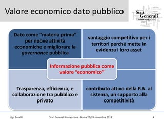Valore economico dato pubblico

    Dato come “materia prima”
                                                   vantaggio competitivo per i
        per nuove attività
                                                    territori perché mette in
    economiche e migliorare la
                                                      evidenza i loro asset
       governance pubblica

                   Informazione pubblica come
                       valore “economico”


     Trasparenza, efficienza, e                   contributo attivo della P.A. al
   collaborazione tra pubblico e                    sistema, un supporto alla
              privato                                     competitività

 Ugo Bonelli       Stati Generali Innovazione - Roma 25/26 novembre 2011            4
 