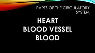 PARTS OF THE CIRCULATORY
SYSTEM
HEART
BLOOD VESSEL
BLOOD
 