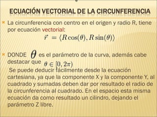 La circunferencia con centro en el origen y radio R, tiene por ecuación  vectorial : DONDE  es el parámetro de la curva, además cabe destacar que  Se puede deducir fácilmente desde la ecuación cartesiana, ya que la componente X y la componente Y, al cuadrado y sumadas deben dar por resultado el radio de la circunferencia al cuadrado. En el espacio esta misma ecuación da como resultado un cilindro, dejando el parámetro Z libre. e  