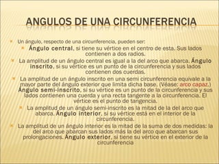 Un ángulo, respecto de una circunferencia, pueden ser: Ángulo central , si tiene su vértice en el centro de esta. Sus lados contienen a dos radios. La amplitud de un ángulo central es igual a la del arco que abarca.  Ángulo inscrito , si su vértice es un punto de la circunferencia y sus lados contienen dos cuerdas. La amplitud de un ángulo inscrito en una semi circunferencia equivale a la mayor parte del ángulo exterior que limita dicha base. (Véase:  arco capaz .)  Ángulo semi-inscrito , si su vértice es un punto de la circunferencia y sus lados contienen una cuerda y una recta tangente a la circunferencia. El vértice es el punto de tangencia. La amplitud de un ángulo semi-inscrito es la mitad de la del arco que abarca.  Ángulo interior , si su vértice está en el interior de la circunferencia. La amplitud de un ángulo interior es la mitad de la suma de dos medidas: la del arco que abarcan sus lados más la del arco que abarcan sus prolongaciones.  Ángulo exterior , si tiene su vértice en el exterior de la circunferencia 