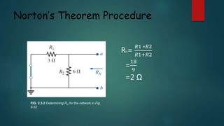 Norton’s Theorem Procedure
FIG. 2.3.2 Determining RN for the network in Fig.
9.62.
RN=
𝑅1 ∗𝑅2
𝑅1+𝑅2
=
18
9
=2 Ω
 