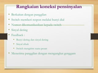 Rangkaian koneksi pensinyalan
• Berkaitan dengan panggilan
• Switch memberi respon melalui bunyi dial
• Nomor dikomunikasikan kepada switch
• Sinyal dering
• Feedback :
• Bunyi dering dan sinyal dering
• Sinyal sibuk
• Switch mengirim suatu pesan
• Menerima panggilan dengan mengangkat genggam
 