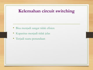 Kelemahan circuit switching
• Bisa menjadi sangat tidak efisien
• Kapasitas menjadi tidak jelas
• Terjadi suatu penundaan
 