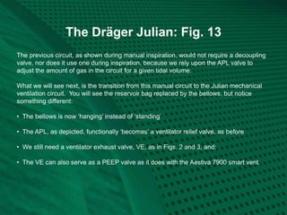The Dräger Julian: Fig. 13
The previous circuit, as shown during manual inspiration, would not require a decoupling
valve, nor does it use one during inspiration, because we rely upon the APL valve to
adjust the amount of gas in the circuit for a given tidal volume.
What we will see next, is the transition from this manual circuit to the Julian mechanical
ventilation circuit. You will see the reservoir bag replaced by the bellows, but notice
something different:
• The bellows is now ‘hanging’ instead of ‘standing’
• The APL, as depicted, functionally ‘becomes’ a ventilator relief valve, as before
• We still need a ventilator exhaust valve, VE, as in Figs. 2 and 3, and:
• The VE can also serve as a PEEP valve as it does with the Aestiva 7900 smart vent.
 
