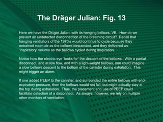 The Dräger Julian: Fig. 13
Here we have the Dräger Julian, with its hanging bellows, VB. How do we
prevent an undetected disconnection of the breathing circuit? Recall that
hanging ventilators of the 1970’s would continue to cycle because they
entrained room air as the bellows descended, and they delivered an
‘inspiratory’ volume as the bellows cycled during inspiration.
Notice how the electric eye ‘looks for’ the descent of the bellows. With a partial
disconnect, and at low flow, and with a light-weight bellows, one could imagine
a slow bellows descent to the bottom of the canister during exhalation. This
might trigger an alarm.
If one added PEEP to the canister, and surrounded the entire bellows with end-
expiratory pressure, then the bellows would not fall, but might actually stay at
the top during exhalation. Thus, the placement and use of PEEP could
facilitate detection of a disconnect. As always, however, we rely on multiple
other monitors of ventilation.
 