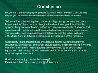 Conclusion
I hope this transitional graphic presentation of modern breathing circuits has
helped you to understand the function of modern anesthesia machines.
To look at them, they are quite ominous and frightening, because we can no
longer see the ‘pipes’ nor even imagine the direction of gas flow within the
system. They are complicated, indeed, and require a multitude of sensors that
are also used in conjunction with automated electronic checkout procedures.
The computer must sequentially and intelligently test the valves with and
without gas flow, and during synchronized compression of the ventilator.
We must try to understand these systems, so that we will understand the
importance, significance, and safety of auto-testing, and the meaning of various
warnings and alarms. Manufacturers are developing safer and smarter
equipment, and have provided machines that do what we want, and exactly
what we expect them to do.
Good luck and enjoy the new technology!
Please send feedback to molympio@wfubmc.edu
 