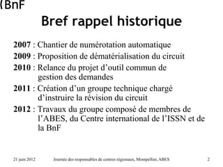 21 juin 2012 Journée des responsables de centres régionaux, Montpellier, ABES 2
Bref rappel historique
2007 : Chantier de ...