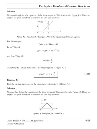 Circuit Analysis II with MATLAB Applications 4-25
Orchard Publications
The Laplace Transform of Common Waveforms
Solution:
We must first derive the equation of the linear segment. This is shown in Figure 4.3. Then, we
express the given waveform in terms of the unit step function.
Figure 4.3. Waveform for Example 4.13 with the equation of the linear segment
For this example,
From Table 4.1,
and from Table 4.2,
Therefore, the Laplace transform of the linear segment of Figure 4.2 is
(4.68)
Example 4.14
Find the Laplace transform for the triangular waveform of Figure 4.4.
Solution:
We must first derive the equations of the linear segments. These are shown in Figure 4.5. Then, we
express the given waveform in terms of the unit step function.
Figure 4.4. Waveform for Example 4.14
1
t
0
1
2
fL t t 1–
fL t t 1– u0 t 1–=
f t a– u0 t a– e
as–
F s
tu0 t
1
s
2
----
t 1– u0 t 1– e
s– 1
s2
----
fT t
1
t
0
1
2
fT t
 