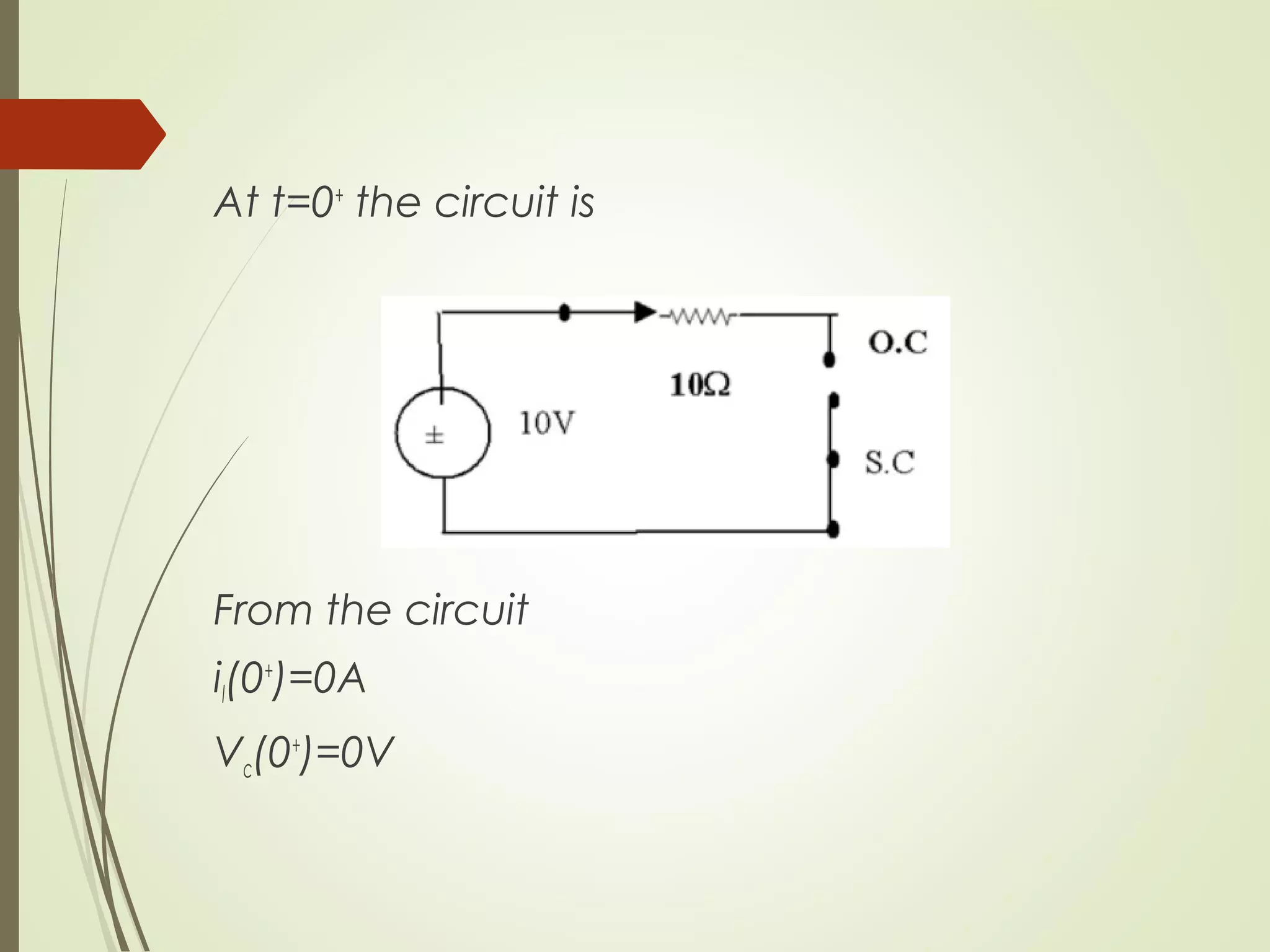 At t=0+
the circuit is
From the circuit
il(0+
)=0A
Vc(0+
)=0V
 
