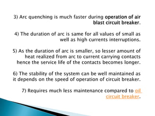 3) Arc quenching is much faster during operation of air
blast circuit breaker.

4) The duration of arc is same for all values of small as
well as high currents interruptions.
5) As the duration of arc is smaller, so lesser amount of
heat realized from arc to current carrying contacts
hence the service life of the contacts becomes longer.
6) The stability of the system can be well maintained as
it depends on the speed of operation of circuit breaker.
7) Requires much less maintenance compared to oil
circuit breaker.

 