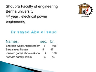 Shoubra Faculty of engineering
Benha university
4th year , electrical power
engineering

Names:

sec: bn:

Shereen Wajdy Abdulkareem 6
Sara saeed Nassa
5
Kareem gamal abdulmaksou
7
hossam hamdy salam
4

108
97
138
73

 