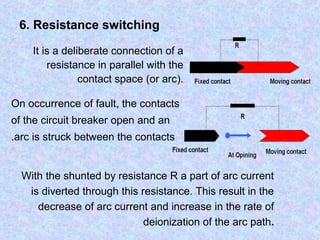 6. Resistance switching 
It is a deliberate connection of a 
resistance in parallel with the 
contact space (or arc). 
On occurrence of fault, the contacts 
of the circuit breaker open and an 
arc is struck . between the contacts 
With the shunted by resistance R a part of arc current 
is diverted through this resistance. This result in the 
decrease of arc current and increase in the rate of 
deionization of the arc path. 
 