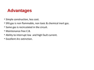 Advantages
• Simple construction, less cost.
• SF6 gas is non flammable, non toxic & chemical inert gas.
• Same gas is recirculated in the circuit.
• Maintenance free C.B.
• Ability to interrupt low and high fault current.
• Excellent Arc extinction.
 