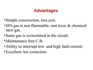 Advantages
•Simple construction, less cost.
•SF6 gas is non flammable, non toxic & chemical
inert gas.
•Same gas is recirculated in the circuit.
•Maintenance free C.B.
•Ability to interrupt low and high fault current.
•Excellent Arc extinction.
 