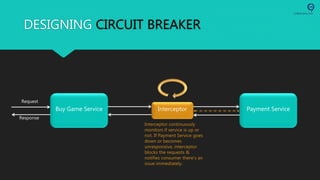 DESIGNING CIRCUIT BREAKER
Buy Game Service Payment Service
Request
Response
Interceptor
Interceptor continuously
monitors if service is up or
not. If Payment Service goes
down or becomes
unresponsive, interceptor
blocks the requests &
notifies consumer there’s an
issue immediately.
 