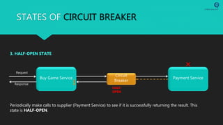 STATES OF CIRCUIT BREAKER
Buy Game Service Payment Service
Request
Response
Circuit
Breaker
3. HALF-OPEN STATE
HALF-
OPEN
Periodically make calls to supplier (Payment Service) to see if it is successfully returning the result. This
state is HALF-OPEN.
 