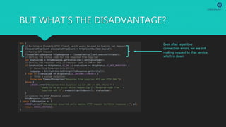 BUT WHAT’S THE DISADVANTAGE?
Even after repetitive
connection errors, we are still
making request to that service
which is down
 