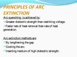 Arc quenching isachieved by:
Greater dielectric strength than restriking voltage.
Faster rateof heat removal than rateof heat
generation.
Arc extinction methodsare:
By lengthening thegap.
Cooling thearc.
Inserting medium of high dielectric strength.
PRINCIPLES OF ARC
EXTINCTION
 