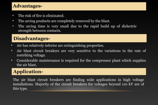 • The risk of fire is eliminated.
• The arcing products are completely removed by the blast.
• The arcing time is very small due to the rapid build up of dielectric
strength between contacts.
Advantages-
Disadvantages-
• Air has relatively inferior arc extinguishing properties.
• Air blast circuit breakers are very sensitive to the variations in the rate of
restriking voltage.
• Considerable maintenance is required for the compressor plant which supplies
the air blast.
Application-
The air blast circuit breakers are finding wide applications in high voltage
installations. Majority of the circuit breakers for voltages beyond 110 kV are of
this type.
 