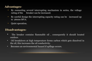 • By connecting several interrupting mechanism in series, the voltage
rating of the breaker can be increased.
• By careful design the interrupting capacity rating can be increased up
to 26000 MVA.
• Quiet operation.
Advantages-
Disadvantages-
• The breaker contains flammable oil , consequently it should located
outdoor.
• Oil breakdown at high temperature forms carbon which gets dissolved in
the oil, this increases the oil conductivity.
• Becomes an environmental hazard if spillage occurs.
 