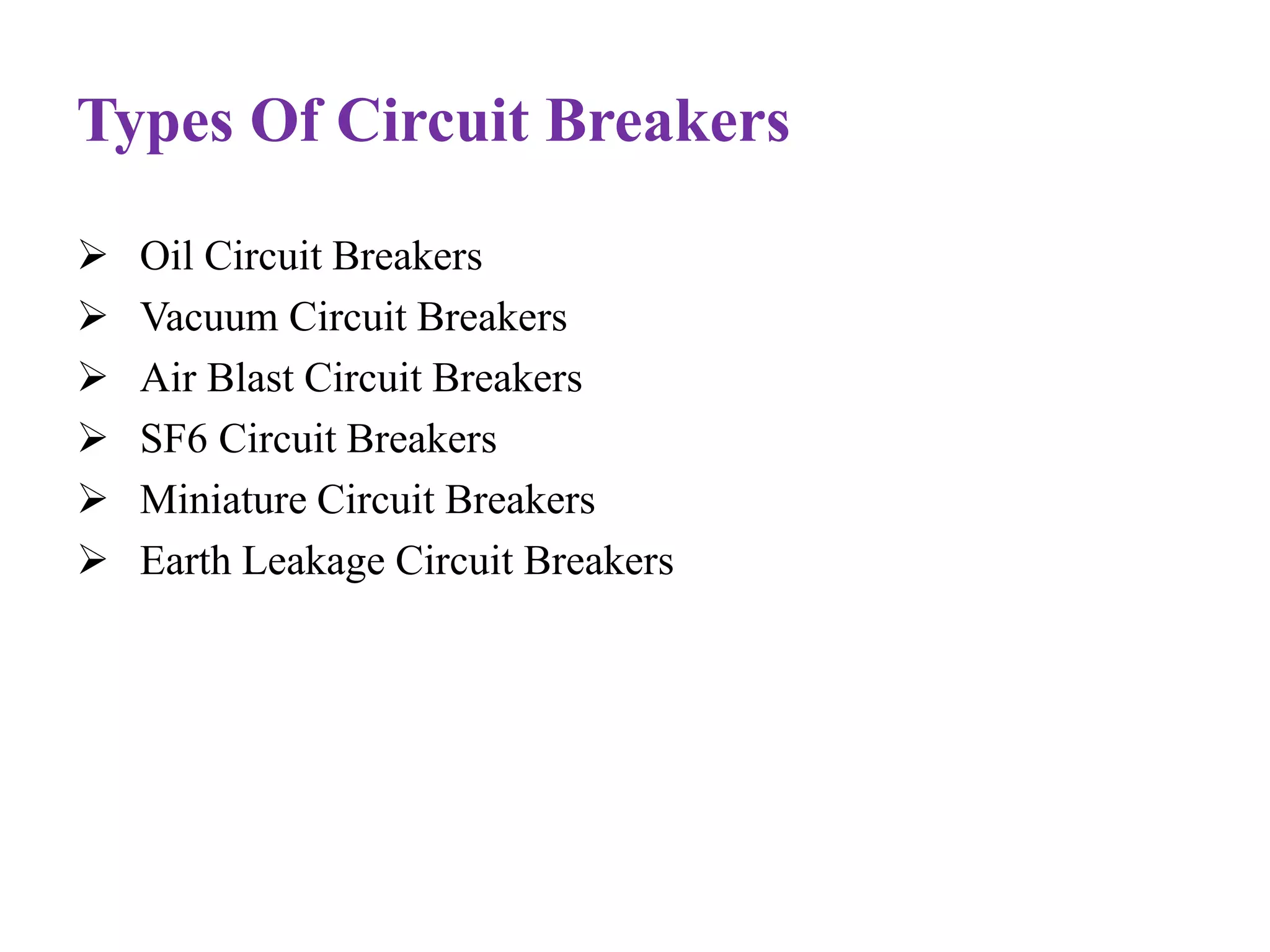 Types Of Circuit Breakers 
 Oil Circuit Breakers 
 Vacuum Circuit Breakers 
 Air Blast Circuit Breakers 
 SF6 Circuit Breakers 
 Miniature Circuit Breakers 
 Earth Leakage Circuit Breakers 
 