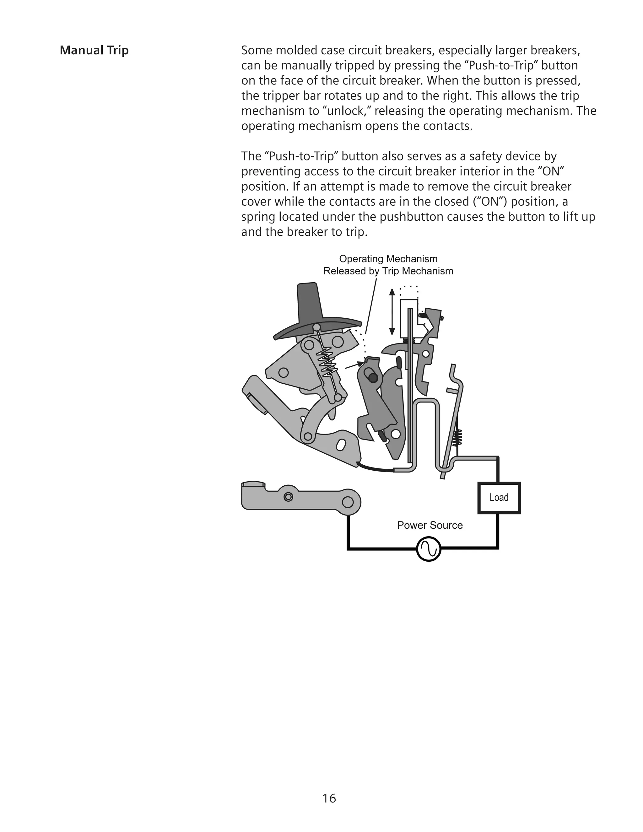 16
Manual Trip	 Some molded case circuit breakers, especially larger breakers,
can be manually tripped by pressing the “Push-to-Trip” button
on the face of the circuit breaker. When the button is pressed,
the tripper bar rotates up and to the right. This allows the trip
mechanism to “unlock,” releasing the operating mechanism. The
operating mechanism opens the contacts.
	 The “Push-to-Trip” button also serves as a safety device by
preventing access to the circuit breaker interior in the “ON”
position. If an attempt is made to remove the circuit breaker
cover while the contacts are in the closed (“ON”) position, a
spring located under the pushbutton causes the button to lift up
and the breaker to trip.
Operating Mechanism
Released by Trip Mechanism
Power Source
Load
 