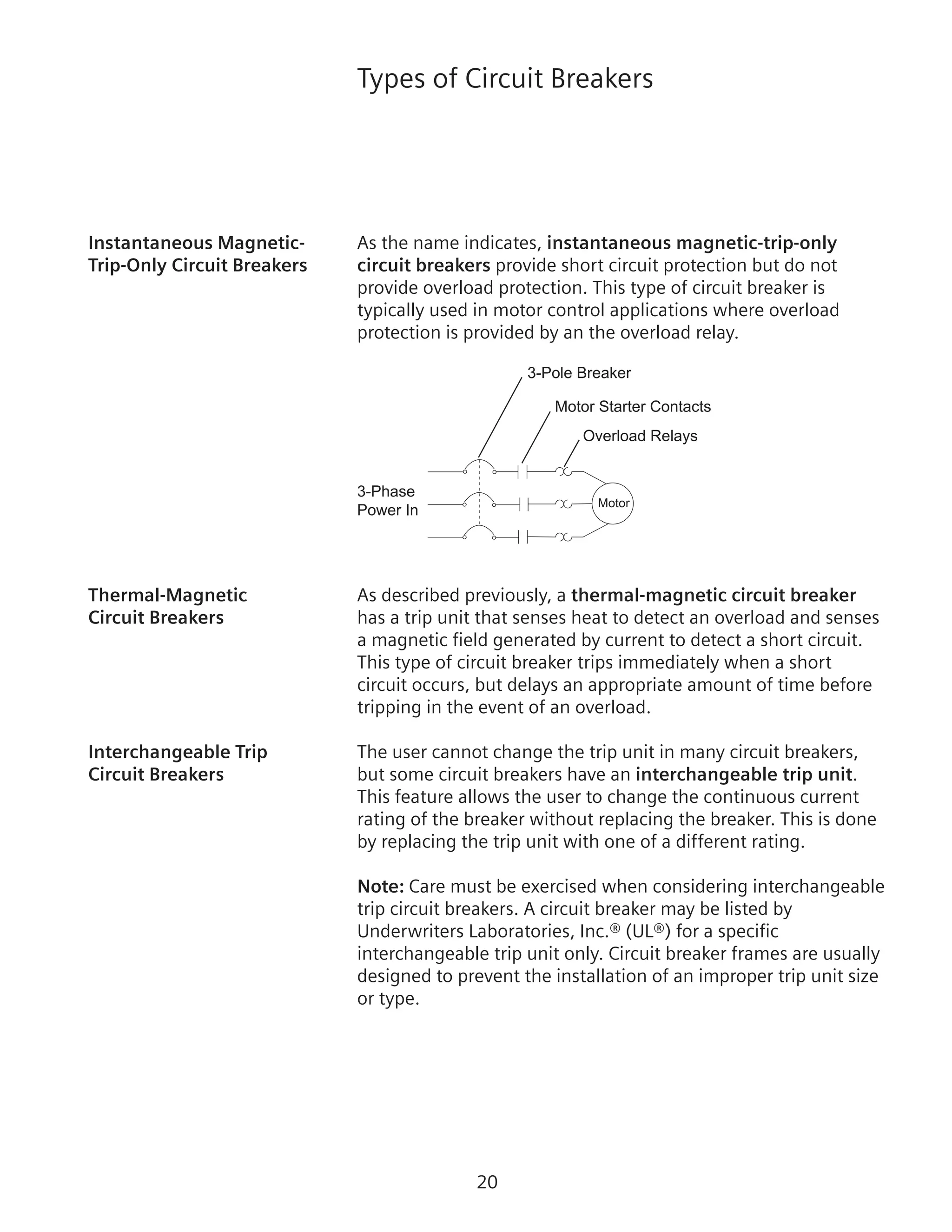 20
Types of Circuit Breakers
Instantaneous Magnetic-	 As the name indicates, instantaneous magnetic-trip-only
Trip-Only Circuit Breakers 	 circuit breakers provide short circuit protection but do not
provide overload protection. This type of circuit breaker is
typically used in motor control applications where overload
protection is provided by an the overload relay.
3-Phase
Power In
3-Pole Breaker
Motor Starter Contacts
Overload Relays
Motor
Thermal-Magnetic	 As described previously, a thermal-magnetic circuit breaker
Circuit Breakers	 has a trip unit that senses heat to detect an overload and senses
a magnetic field generated by current to detect a short circuit.
This type of circuit breaker trips immediately when a short
circuit occurs, but delays an appropriate amount of time before
tripping in the event of an overload.
Interchangeable Trip	 The user cannot change the trip unit in many circuit breakers,
Circuit Breakers	 but some circuit breakers have an interchangeable trip unit.
This feature allows the user to change the continuous current
rating of the breaker without replacing the breaker. This is done
by replacing the trip unit with one of a different rating.
Note: Care must be exercised when considering interchangeable
trip circuit breakers. A circuit breaker may be listed by
Underwriters Laboratories, Inc.® (UL®) for a specific
interchangeable trip unit only. Circuit breaker frames are usually
designed to prevent the installation of an improper trip unit size
or type.
 