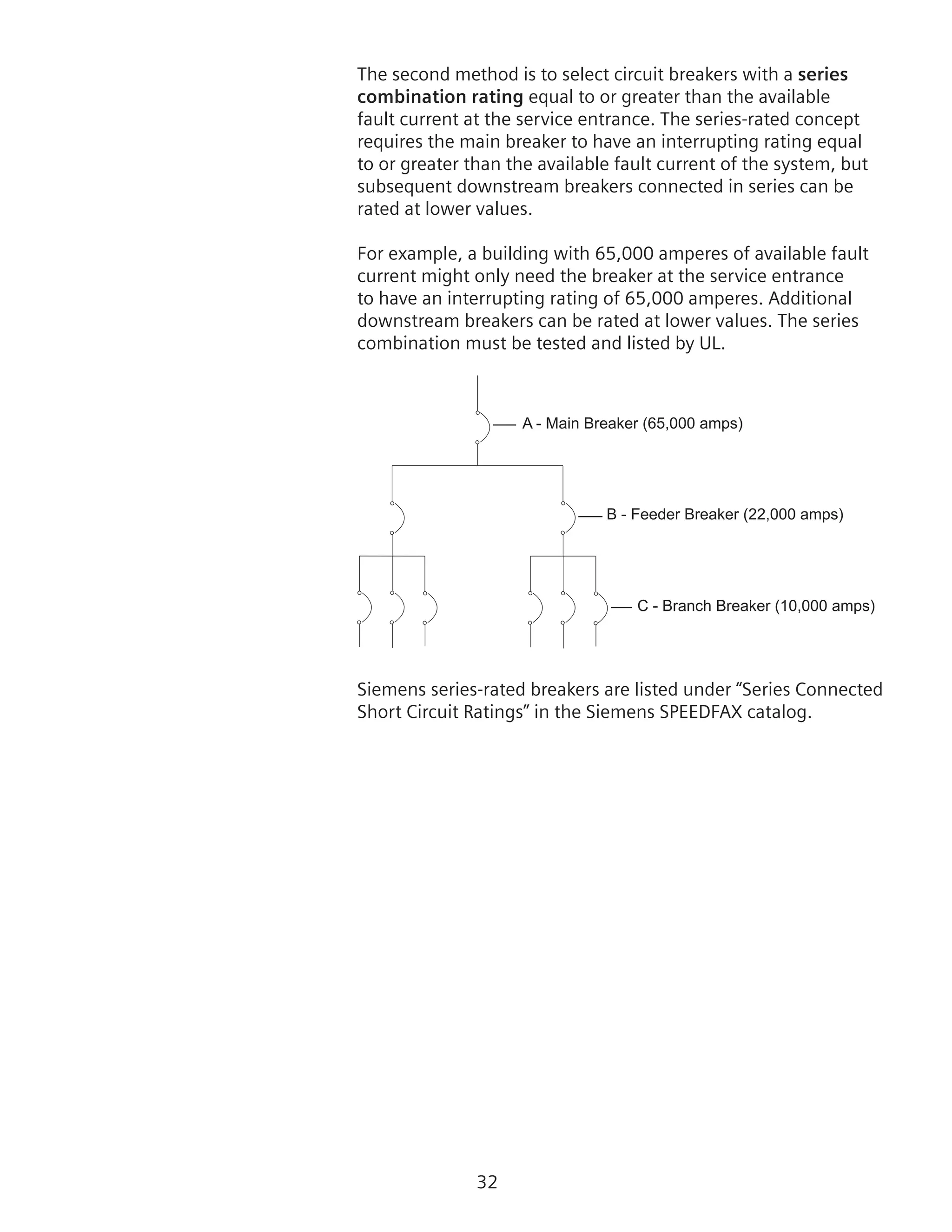 32
The second method is to select circuit breakers with a series
combination rating equal to or greater than the available
fault current at the service entrance. The series-rated concept
requires the main breaker to have an interrupting rating equal
to or greater than the available fault current of the system, but
subsequent downstream breakers connected in series can be
rated at lower values.
For example, a building with 65,000 amperes of available fault
current might only need the breaker at the service entrance
to have an interrupting rating of 65,000 amperes. Additional
downstream breakers can be rated at lower values. The series
combination must be tested and listed by UL.
A - Main Breaker (65,000 amps)
B - Feeder Breaker (22,000 amps)
C - Branch Breaker (10,000 amps)
Siemens series-rated breakers are listed under “Series Connected
Short Circuit Ratings” in the Siemens SPEEDFAX catalog.
 