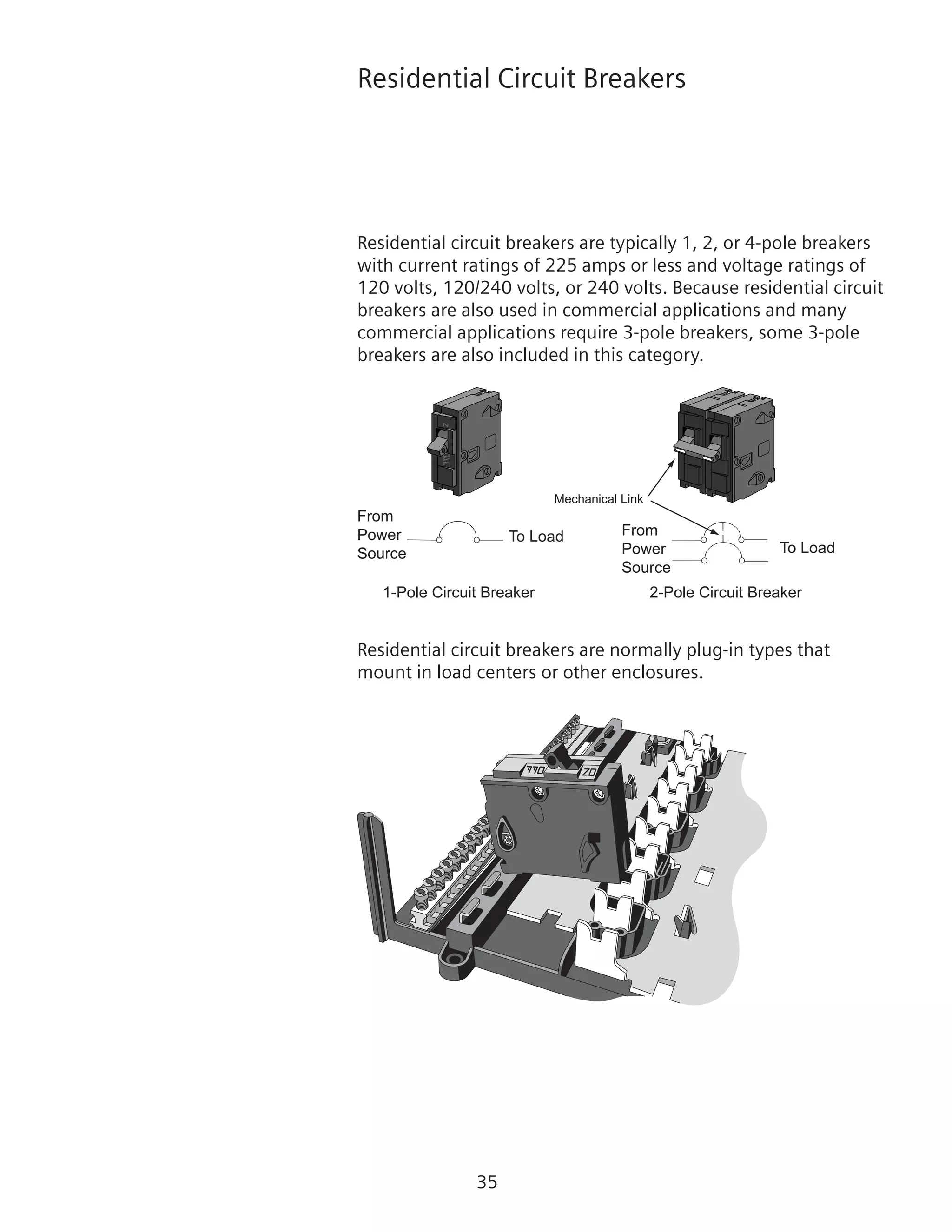 35
Residential Circuit Breakers
Residential circuit breakers are typically 1, 2, or 4-pole breakers
with current ratings of 225 amps or less and voltage ratings of
120 volts, 120/240 volts, or 240 volts. Because residential circuit
breakers are also used in commercial applications and many
commercial applications require 3‑pole breakers, some 3-pole
breakers are also included in this category.
From
Power
Source
From
Power
Source
To Load
To Load
1-Pole Circuit Breaker 2-Pole Circuit Breaker
Mechanical Link
Residential circuit breakers are normally plug-in types that
mount in load centers or other enclosures.
 