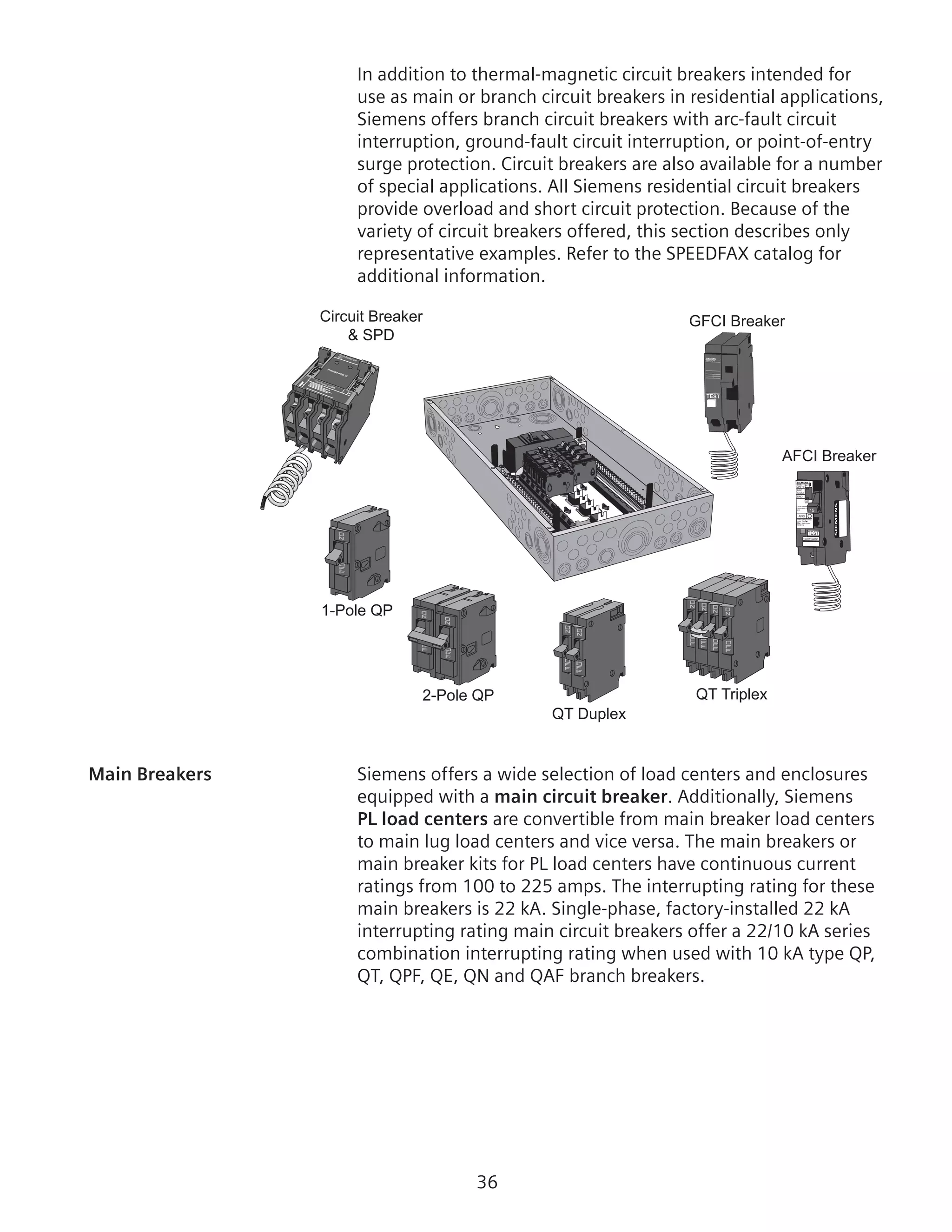 36
In addition to thermal-magnetic circuit breakers intended for
use as main or branch circuit breakers in residential applications,
Siemens offers branch circuit breakers with arc-fault circuit
interruption, ground-fault circuit interruption, or point-of-entry
surge protection. Circuit breakers are also available for a number
of special applications. All Siemens residential circuit breakers
provide overload and short circuit protection. Because of the
variety of circuit breakers offered, this section describes only
representative examples. Refer to the SPEEDFAX catalog for
additional information.
Circuit Breaker
 SPD
1-Pole QP
2-Pole QP
QT Duplex
QT Triplex
GFCI Breaker
AFCI Breaker
15
TEST
TYPE
QAFH
ARC
FAULT
GND
HACR
Circuit Breaker
Combination Ty
AFC
AFCI OInterrupting Rating
22kA 120V
Max. RMS Sym.
50/60 Hz
SWD
40 C
10707150001
TEST
TYPE QPF
Circuit Breaker and
SPD
Circuit Breaker and
SPD
Main Breakers	 Siemens offers a wide selection of load centers and enclosures
equipped with a main circuit breaker. Additionally, Siemens
PL load centers are convertible from main breaker load centers
to main lug load centers and vice versa. The main breakers or
main breaker kits for PL load centers have continuous current
ratings from 100 to 225 amps. The interrupting rating for these
main breakers is 22 kA. Single-phase, factory-installed 22 kA
interrupting rating main circuit breakers offer a 22/10 kA series
combination interrupting rating when used with 10 kA type QP,
QT, QPF, QE, QN and QAF branch breakers.
 