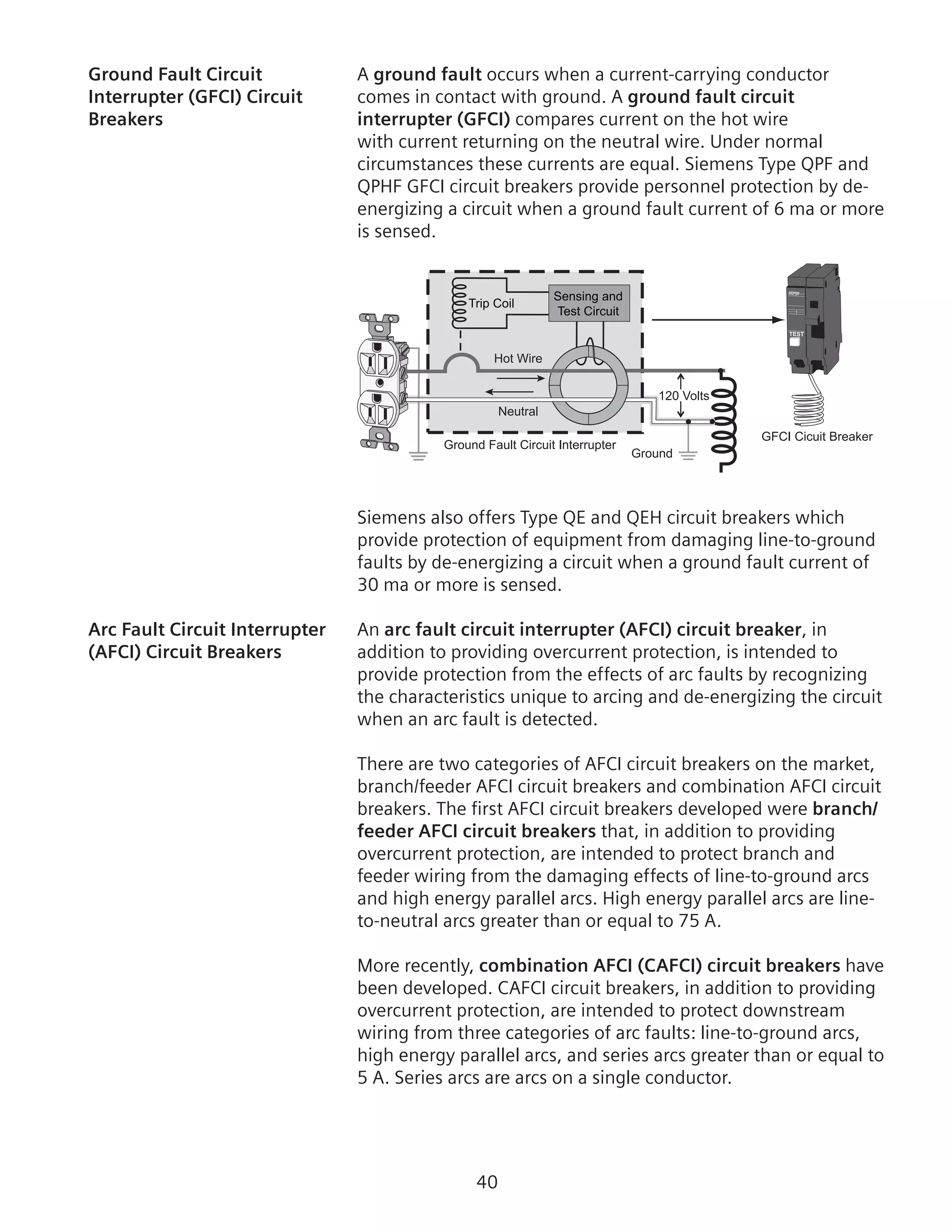 40
Ground Fault Circuit 	 A ground fault occurs when a current-carrying conductor
Interrupter (GFCI) Circuit	 comes in contact with ground. A ground fault circuit
Breakers	 interrupter (GFCI) compares current on the hot wire
with current returning on the neutral wire. Under normal
circumstances these currents are equal. Siemens Type QPF and
QPHF GFCI circuit breakers provide personnel protection by de-
energizing a circuit when a ground fault current of 6 ma or more
is sensed.
120 Volts
Ground
Ground Fault Circuit Interrupter
Trip Coil
Sensing and
Test Circuit
Hot Wire
Neutral
TEST
TYPE QPF
GFCI Cicuit Breaker
Siemens also offers Type QE and QEH circuit breakers which
provide protection of equipment from damaging line-to-ground
faults by de-energizing a circuit when a ground fault current of
30 ma or more is sensed.
Arc Fault Circuit Interrupter	 An arc fault circuit interrupter (AFCI) circuit breaker, in
(AFCI) Circuit Breakers	 addition to providing overcurrent protection, is intended to
provide protection from the effects of arc faults by recognizing
the characteristics unique to arcing and de-energizing the circuit
when an arc fault is detected.
There are two categories of AFCI circuit breakers on the market,
branch/feeder AFCI circuit breakers and combination AFCI circuit
breakers. The first AFCI circuit breakers developed were branch/
feeder AFCI circuit breakers that, in addition to providing
overcurrent protection, are intended to protect branch and
feeder wiring from the damaging effects of line-to-ground arcs
and high energy parallel arcs. High energy parallel arcs are line-
to-neutral arcs greater than or equal to 75 A.
More recently, combination AFCI (CAFCI) circuit breakers have
been developed. CAFCI circuit breakers, in addition to providing
overcurrent protection, are intended to protect downstream
wiring from three categories of arc faults: line-to-ground arcs,
high energy parallel arcs, and series arcs greater than or equal to
5 A. Series arcs are arcs on a single conductor.
 