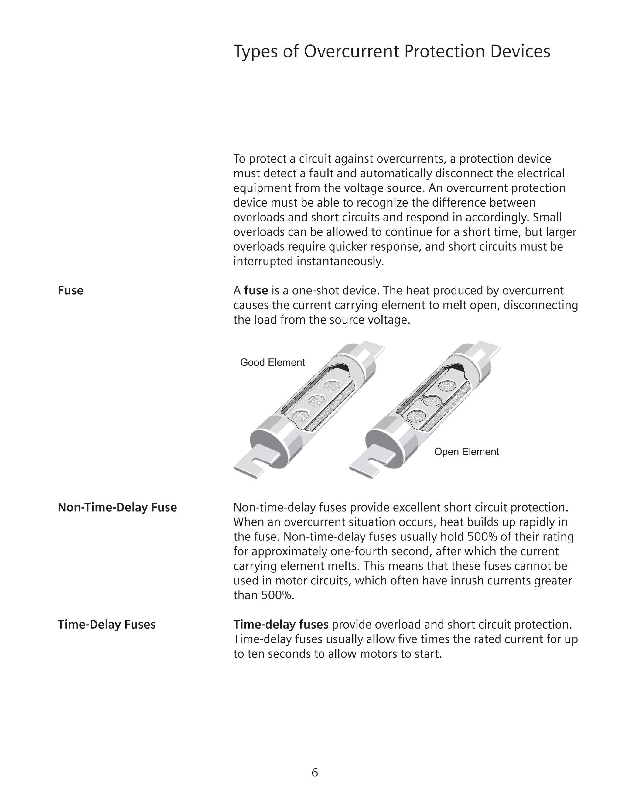 Types of Overcurrent Protection Devices
To protect a circuit against overcurrents, a protection device
must detect a fault and automatically disconnect the electrical
equipment from the voltage source. An overcurrent protection
device must be able to recognize the difference between
overloads and short circuits and respond in accordingly. Small
overloads can be allowed to continue for a short time, but larger
overloads require quicker response, and short circuits must be
interrupted instantaneously.
Fuse	 A fuse is a one-shot device. The heat produced by overcurrent
causes the current carrying element to melt open, disconnecting
the load from the source voltage.
Good Element
Open Element
Non-Time-Delay Fuse	 Non-time-delay fuses provide excellent short circuit protection.
When an overcurrent situation occurs, heat builds up rapidly in
the fuse. Non-time-delay fuses usually hold 500% of their rating
for approximately one-fourth second, after which the current
carrying element melts. This means that these fuses cannot be
used in motor circuits, which often have inrush currents greater
than 500%.
Time-Delay Fuses	 Time-delay fuses provide overload and short circuit protection.
Time-delay fuses usually allow five times the rated current for up
to ten seconds to allow motors to start.
 