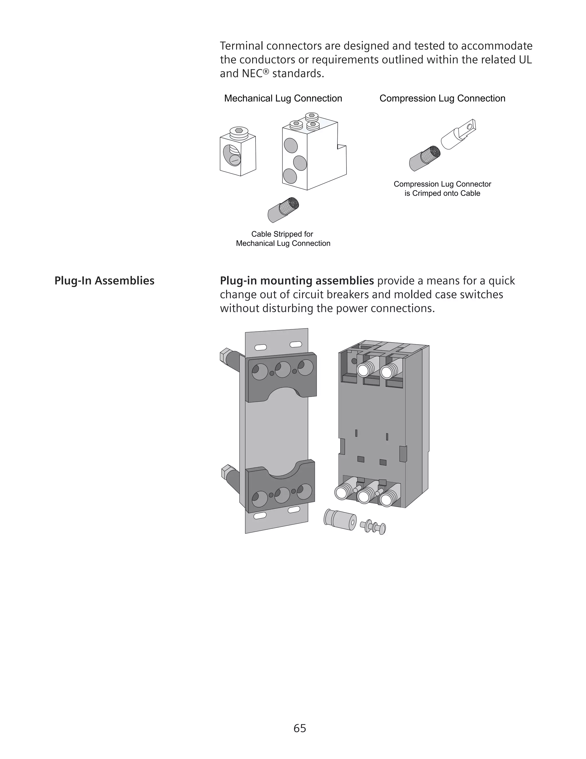 65
Terminal connectors are designed and tested to accommodate
the conductors or requirements outlined within the related UL
and NEC® standards.
Mechanical Lug Connection
Cable Stripped for
Mechanical Lug Connection
Compression Lug Connection
Compression Lug Connector
is Crimped onto Cable
Plug-In Assemblies	 Plug-in mounting assemblies provide a means for a quick
change out of circuit breakers and molded case switches
without disturbing the power connections.
 