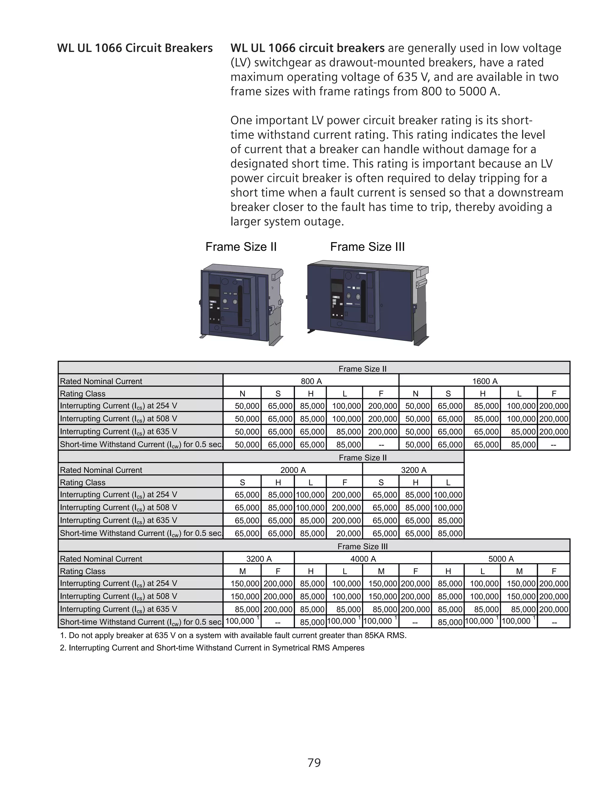 79
WL UL 1066 Circuit Breakers	 WL UL 1066 circuit breakers are generally used in low voltage
(LV) switchgear as drawout-mounted breakers, have a rated
maximum operating voltage of 635 V, and are available in two
frame sizes with frame ratings from 800 to 5000 A.
One important LV power circuit breaker rating is its short-
time withstand current rating. This rating indicates the level
of current that a breaker can handle without damage for a
designated short time. This rating is important because an LV
power circuit breaker is often required to delay tripping for a
short time when a fault current is sensed so that a downstream
breaker closer to the fault has time to trip, thereby avoiding a
larger system outage.
Rated Nominal Current
Rating Class N S H L F N S H L F
Interrupting Current (Ics) at 254 V 50,000 65,000 85,000 100,000 200,000 50,000 65,000 85,000 100,000 200,000
Interrupting Current (Ics) at 508 V 50,000 65,000 85,000 100,000 200,000 50,000 65,000 85,000 100,000 200,000
Interrupting Current (Ics) at 635 V 50,000 65,000 65,000 85,000 200,000 50,000 65,000 65,000 85,000 200,000
Short-time Withstand Current (Icw) for 0.5 sec. 50,000 65,000 65,000 85,000 -- 50,000 65,000 65,000 85,000 --
Rated Nominal Current
Rating Class S H L F S H L
Interrupting Current (Ics) at 254 V 65,000 85,000 100,000 200,000 65,000 85,000 100,000
Interrupting Current (Ics) at 508 V 65,000 85,000 100,000 200,000 65,000 85,000 100,000
Interrupting Current (Ics) at 635 V 65,000 65,000 85,000 200,000 65,000 65,000 85,000
Short-time Withstand Current (Icw) for 0.5 sec. 65,000 65,000 85,000 20,000 65,000 65,000 85,000
Rated Nominal Current
Rating Class M F H L M F H L M F
Interrupting Current (Ics) at 254 V 150,000 200,000 85,000 100,000 150,000 200,000 85,000 100,000 150,000 200,000
Interrupting Current (Ics) at 508 V 150,000 200,000 85,000 100,000 150,000 200,000 85,000 100,000 150,000 200,000
Interrupting Current (Ics) at 635 V 85,000 200,000 85,000 85,000 85,000 200,000 85,000 85,000 85,000 200,000
Short-time Withstand Current (Icw) for 0.5 sec. 100,000
1
-- 85,000 100,000
1
100,000
1
-- 85,000 100,000
1
100,000
1
--
1. Do not apply breaker at 635 V on a system with available fault current greater than 85KA RMS.
2. Interrupting Current and Short-time Withstand Current in Symetrical RMS Amperes
2000 A 3200 A
3200 A 4000 A 5000 A
Frame Size III
Frame Size II
800 A 1600 A
Frame Size II
Frame Size II Frame Size III
O I
O I
 